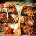 Close-up of crispy baked eggplant parmesan with golden melted mozzarella and rich tomato sauce layers