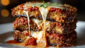 Close-up of crispy baked eggplant parmesan with golden melted mozzarella and rich tomato sauce layers
