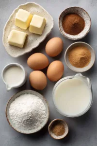 Custard pie ingredients including eggs, milk, sugar, vanilla and nutmeg for a classic egg custard pie
