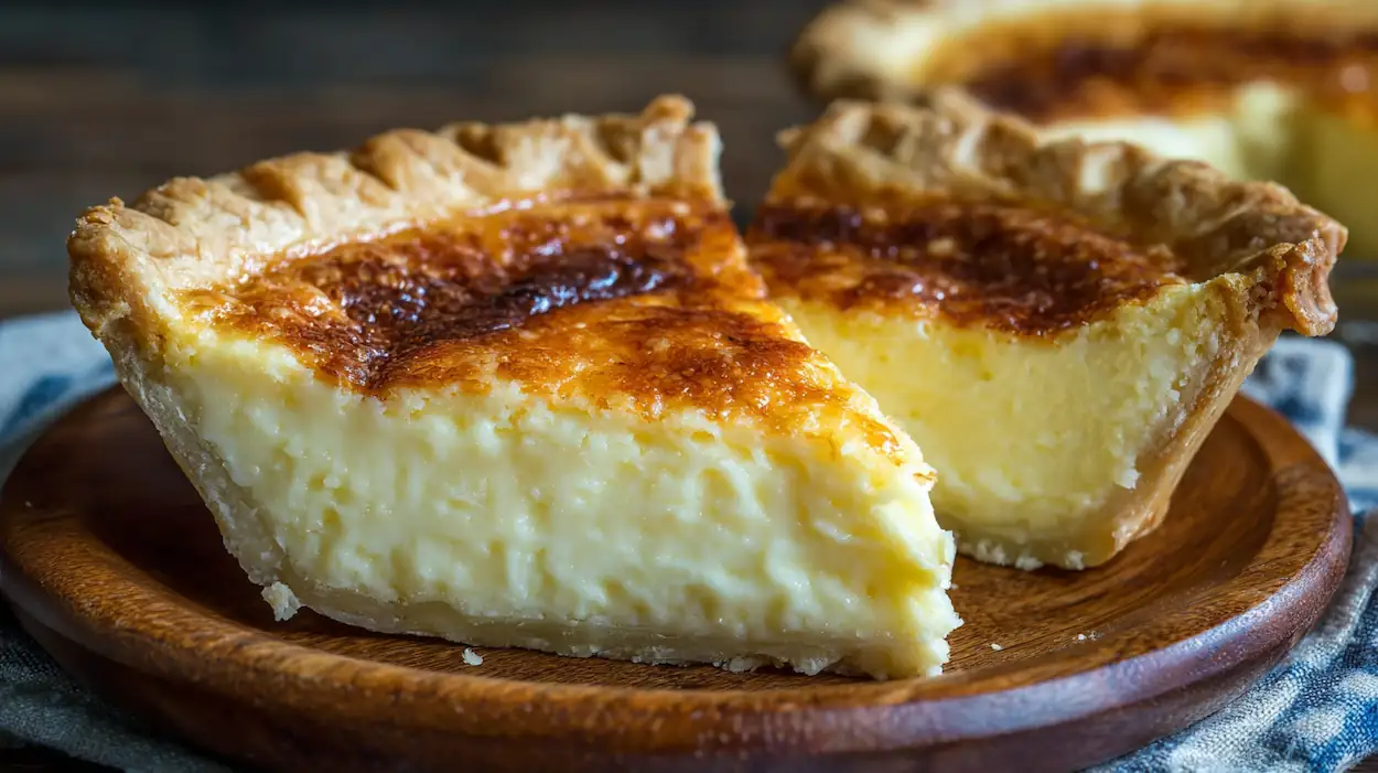 Old-fashioned custard pie with silky creamy egg custard filling and flaky homemade crust