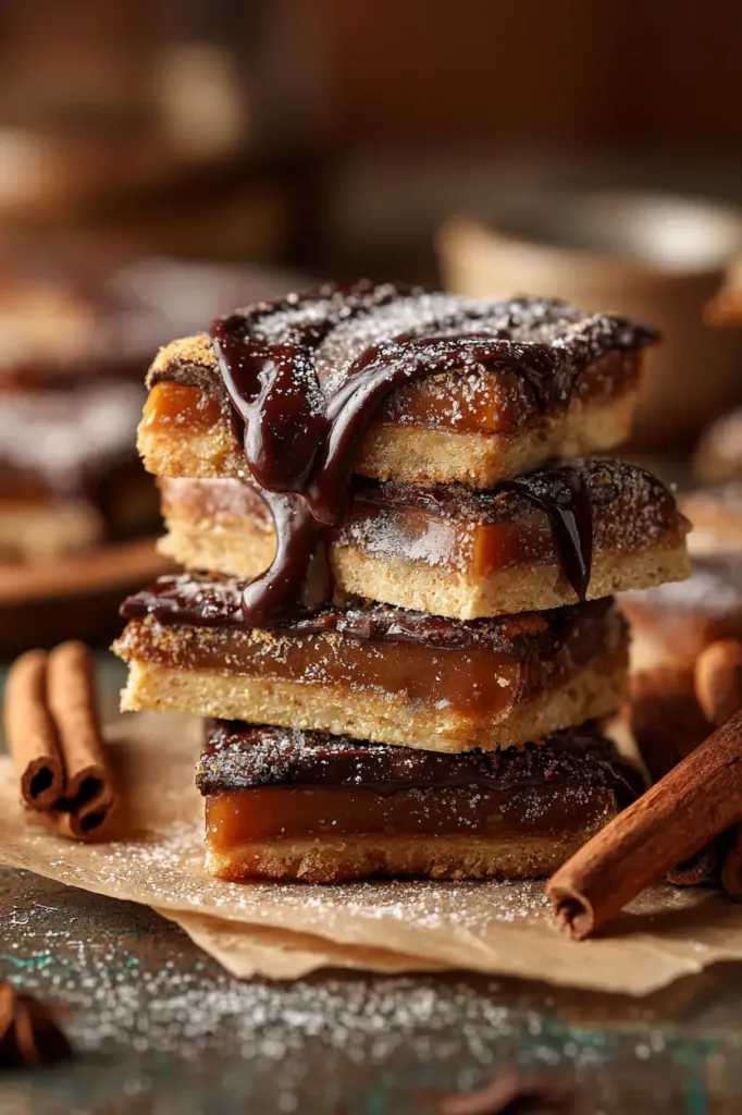 Churro Toffee Recipe (Easy Disneyland Copycat Treat) 2 Stacked churro toffee bars with crunchy layers, chocolate coating, and cinnamon sugar topping styled in warm bakery lighting