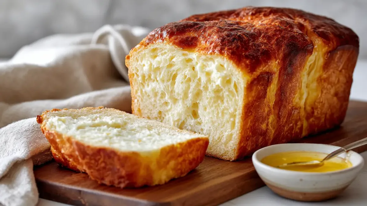 Close-up of sliced easy 2-ingredient cottage cheese bread with a golden crust and fluffy interior on a wooden board.