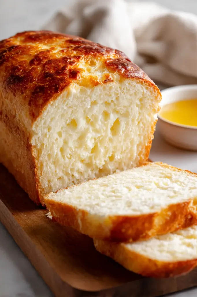 Tall sliced loaf of 2-ingredient cottage cheese bread with golden crust and fluffy interior on a wooden board.