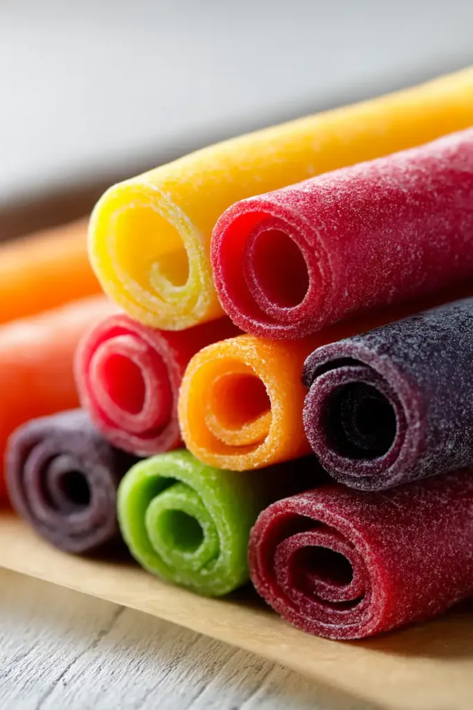 Colorful homemade fruit roll ups made with this easy fruit leather recipe oven method