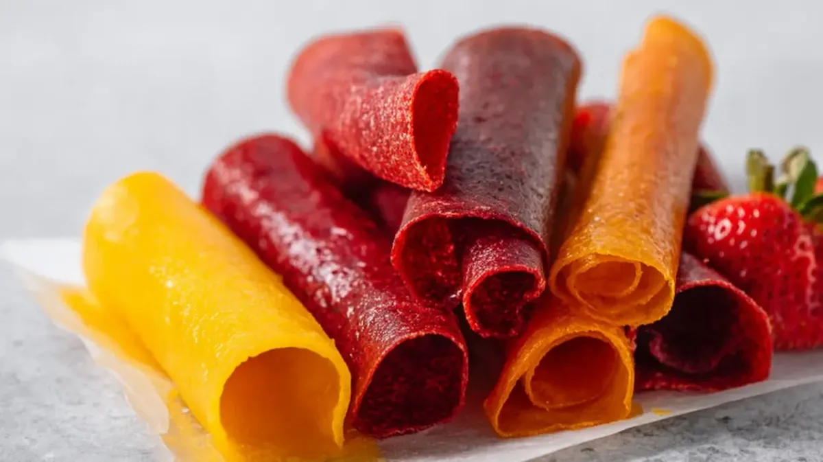 Homemade 3 ingredient fruit leather recipe in the oven rolled into strips on parchment paper