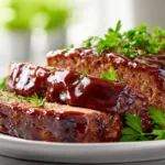 Juicy sliced bbq meatloaf topped with a glossy barbecue sauce glaze and fresh parsley on a white plate
