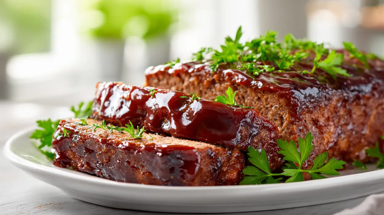 Juicy sliced bbq meatloaf topped with a glossy barbecue sauce glaze and fresh parsley on a white plate