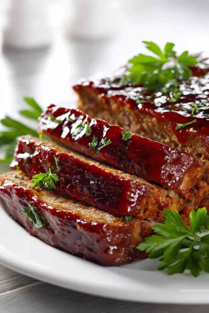 Sliced BBQ meatloaf topped with sweet barbecue sauce glaze on a plate