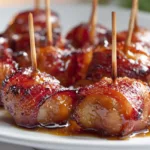 Bacon wrapped water chestnuts baked with a glossy brown sugar glaze, arranged on a serving platter as a classic party appetizer