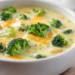 Creamy broccoli cheddar potato soup in a white bowl with tender potato chunks, fresh broccoli florets, and melted cheddar cheese.