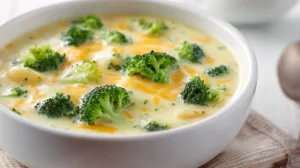 Creamy broccoli cheddar potato soup in a white bowl with tender potato chunks, fresh broccoli florets, and melted cheddar cheese.