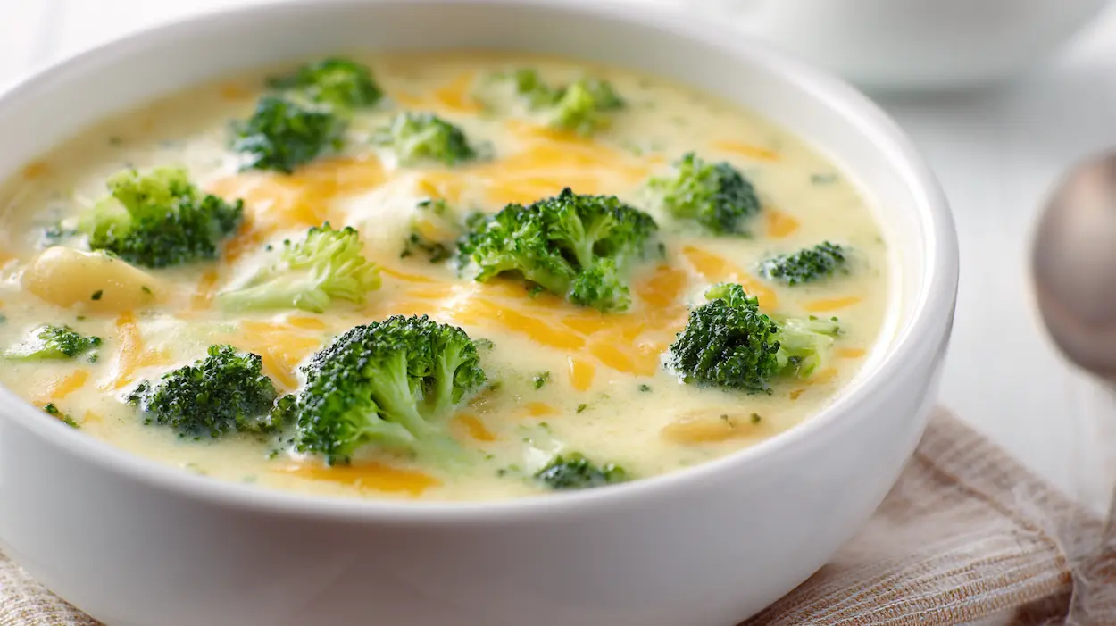 Creamy broccoli cheddar potato soup in a white bowl with tender potato chunks, fresh broccoli florets, and melted cheddar cheese.
