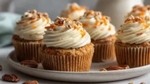 Moist carrot cake cupcakes topped with swirled cream cheese frosting and sprinkled with chopped pecans on a ceramic plate in natural light.