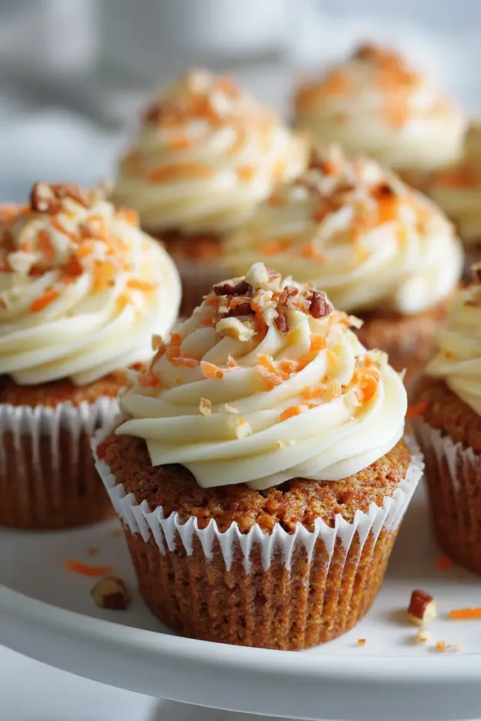 Moist carrot cake cupcakes topped with cream cheese frosting and chopped pecans on a plate in natural light.