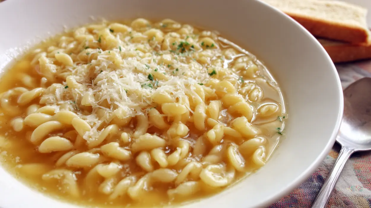 Bowl of creamy chicken broth pasta with butter and parmesan topped with fresh parsley in a white bowl.