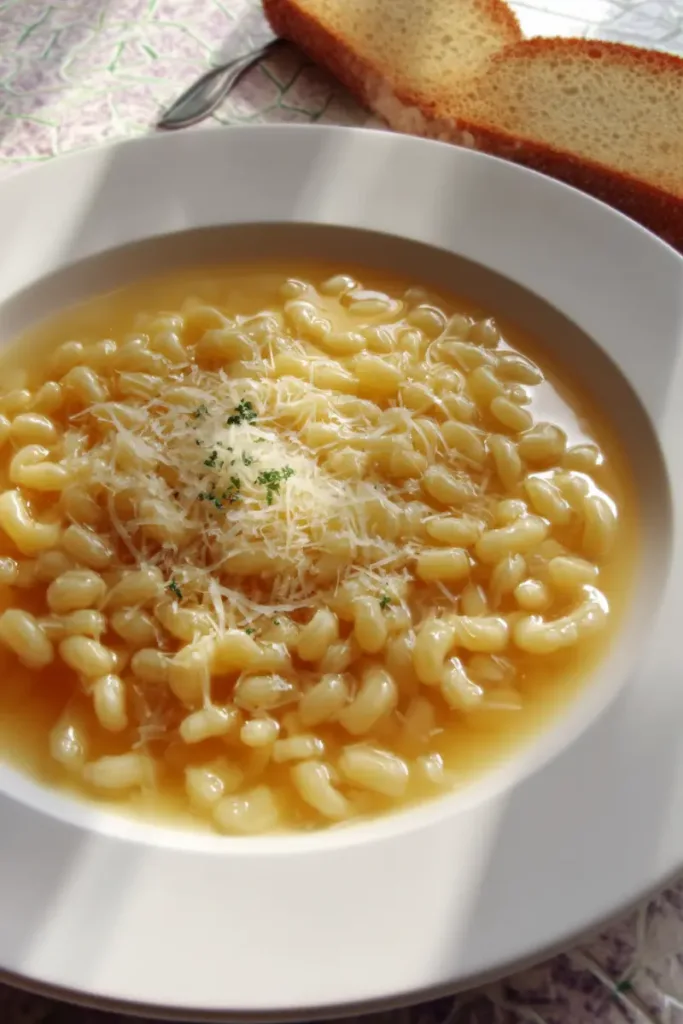 Bowl of chicken broth pasta with butter and parmesan topped with parsley in a white bowl.