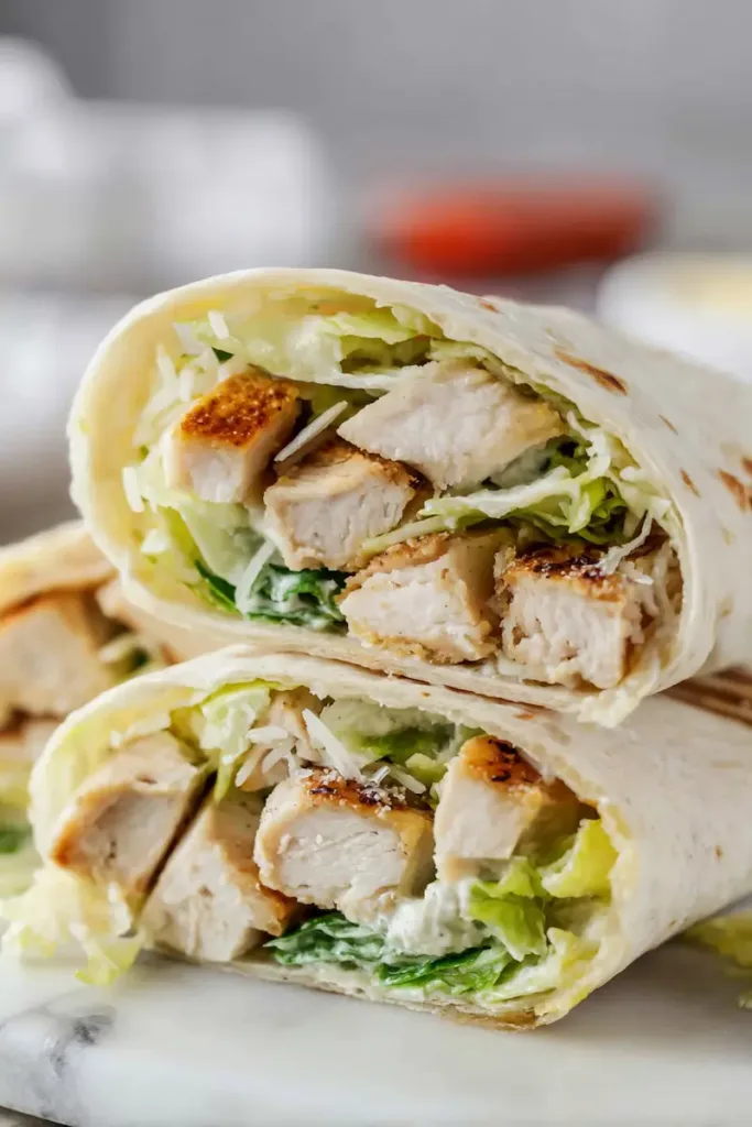 Easy Chicken Caesar Wrap Recipe (Quick & Healthy Dinner Idea) 2 Sliced chicken caesar wrap filled with grilled chicken, romaine lettuce, parmesan, and creamy dressing in a soft tortilla.