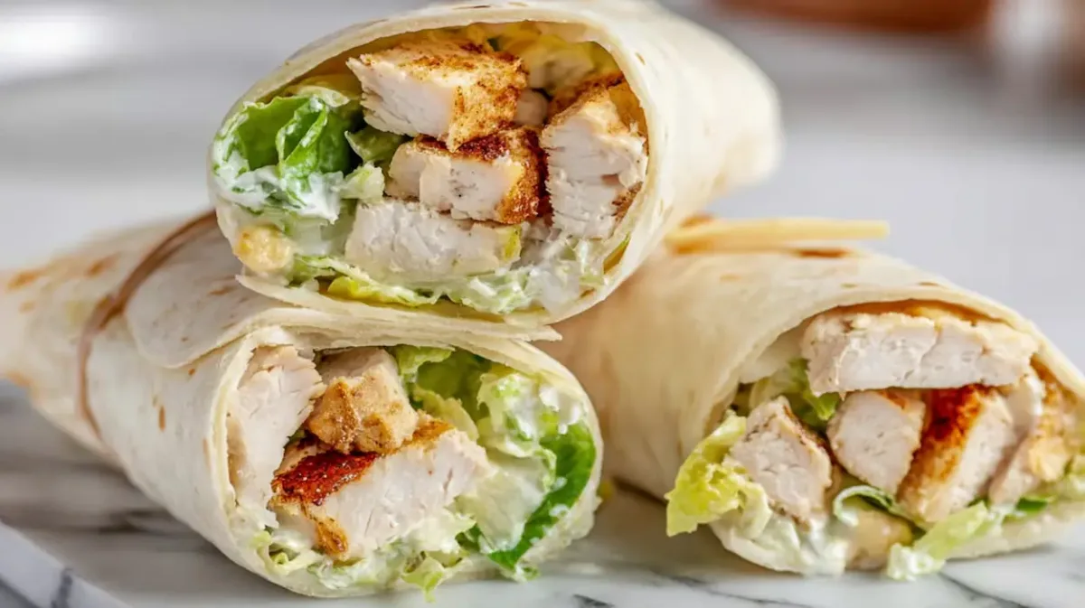 Easy Chicken Caesar Wrap Recipe (Quick & Healthy Dinner Idea) 1 Sliced chicken caesar wrap filled with grilled chicken, romaine lettuce, parmesan cheese, and creamy Caesar dressing in a soft flour tortilla.