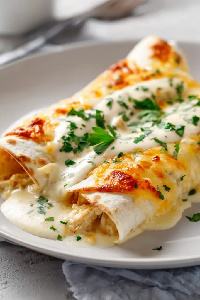 Chicken Enchiladas with Sour Cream White Sauce 2 Baked chicken enchiladas with sour cream white sauce topped with melted cheese in a white baking dish