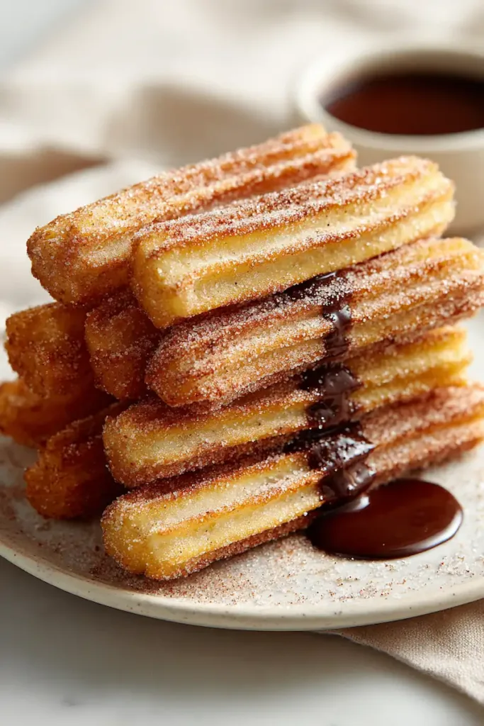 Homemade churros coated in cinnamon sugar served with chocolate sauce, easy churros recipe