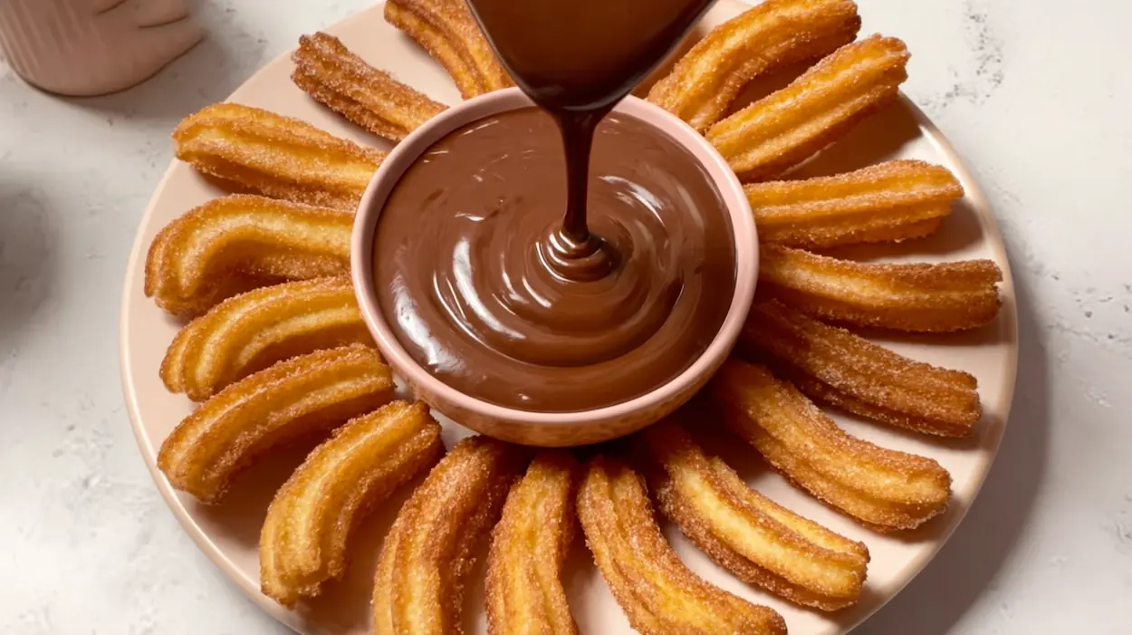 Homemade churros coated in cinnamon sugar served with chocolate dipping sauce, easy churros recipe