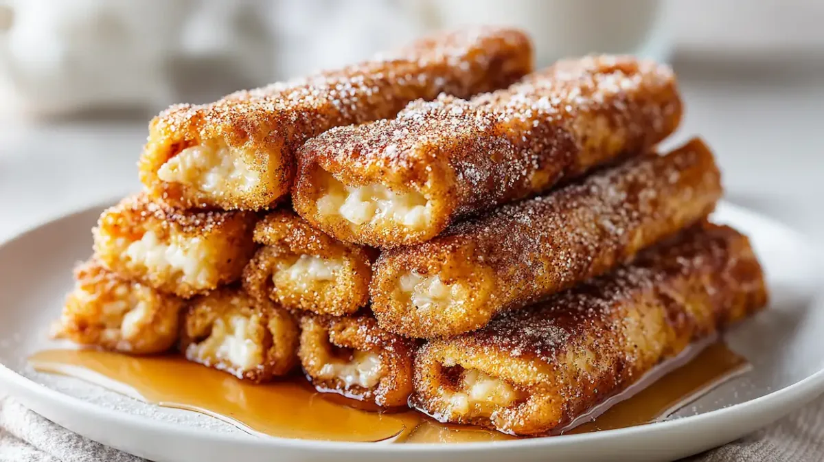 Golden cinnamon sugar French toast slices stacked on a white plate, crispy outside and soft inside, dusted with powdered sugar and drizzled with maple syrup.