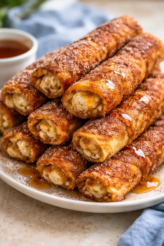 Stack of cinnamon sugar French toast roll-ups coated in cinnamon and sugar, served warm with maple syrup