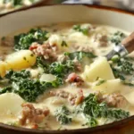 Creamy zuppa toscana soup with Italian sausage, potatoes, kale, and crispy bacon in a rustic bowl
