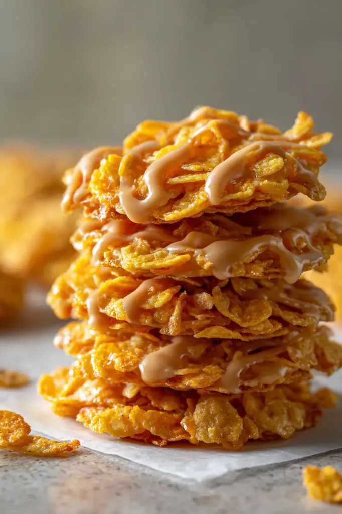 Easy Corn Flake Cookies (No Bake & Budget-Friendly) 2 Stack of easy corn flake cookies no bake style on parchment paper with golden peanut butter coating.