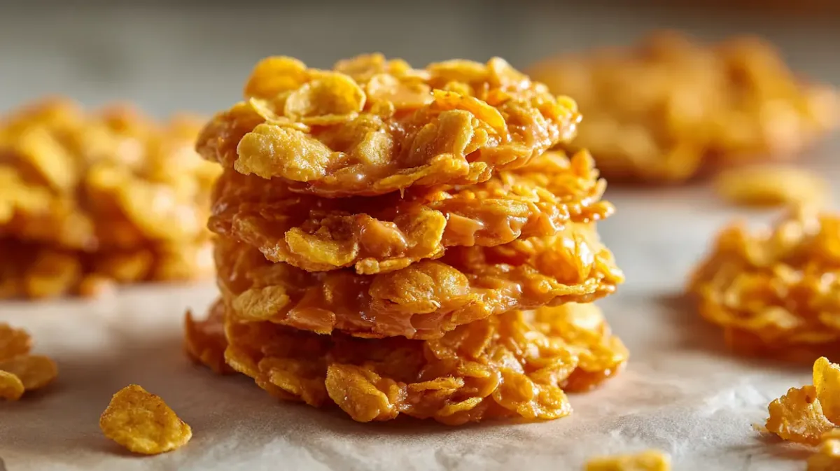 Easy Corn Flake Cookies (No Bake & Budget-Friendly) 1 Golden easy corn flake cookies stacked on parchment paper with peanut butter glaze in natural light.