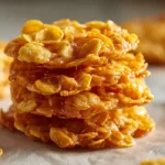 Golden easy corn flake cookies stacked on parchment paper with peanut butter glaze in natural light.