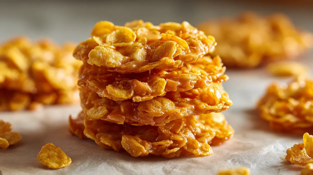 Golden easy corn flake cookies stacked on parchment paper with peanut butter glaze in natural light.