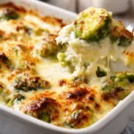 Creamy baked brussels sprouts casserole with melted cheese and golden crispy top in a cast iron skillet