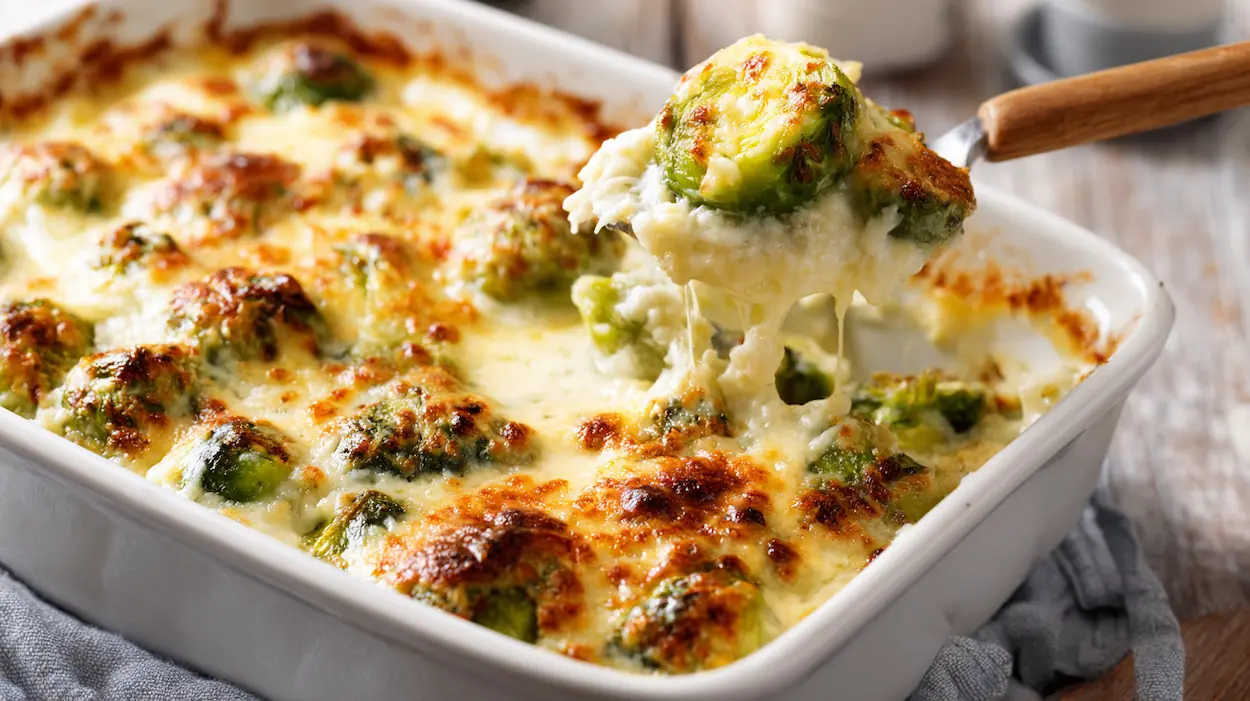 Creamy baked brussels sprouts casserole with melted cheese and golden crispy top in a cast iron skillet