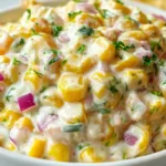 Creamy corn salsa made with sweet corn, sour cream, cheese, and cilantro served with tortilla chips