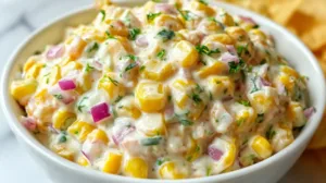 Creamy corn salsa made with sweet corn, sour cream, cheese, and cilantro served with tortilla chips