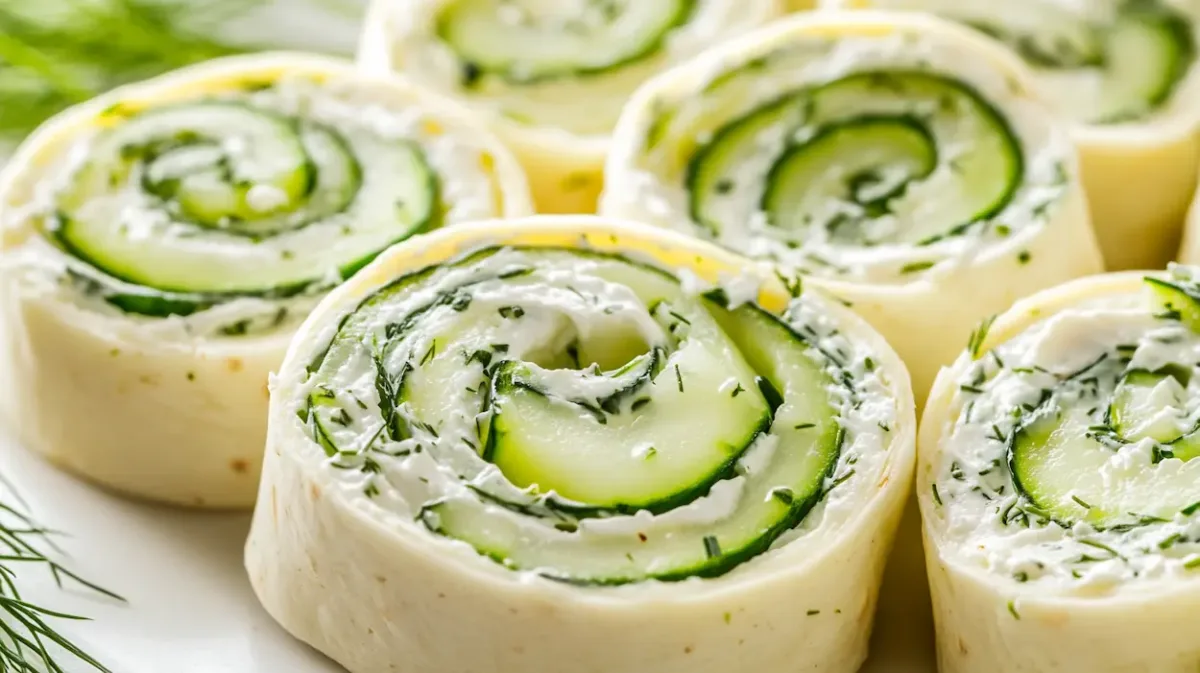 Cucumber and dill pinwheels sliced into rounds with visible spiral layers, cream cheese filling and thin cucumber strips inside soft flour tortillas on a white platter