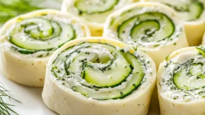 Cucumber and dill pinwheels sliced into rounds with visible spiral layers, cream cheese filling and thin cucumber strips inside soft flour tortillas on a white platter