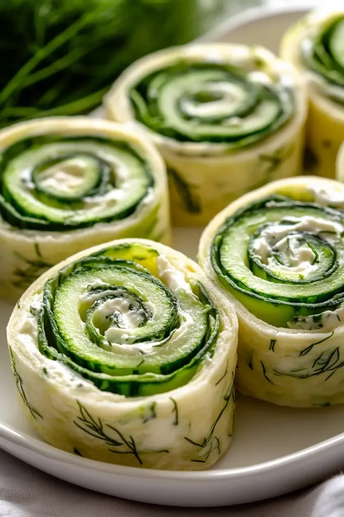 Plate of sliced cucumber and dill pinwheels made with cream cheese and tortillas