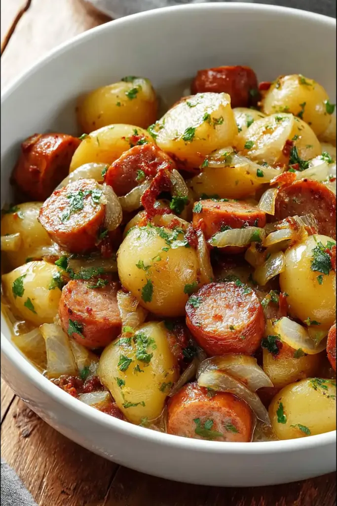 A bowl of Dublin coddle Irish sausage and potato stew with sliced sausages and tender potatoes in broth.