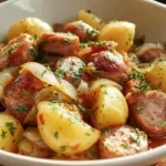 Easy Dublin Coddle Recipe (Irish Sausage and Potato Stew) Bowl of Dublin Coddle Irish sausage and potato stew with sliced pork sausages, tender potatoes, onions, and fresh parsley in a light broth.