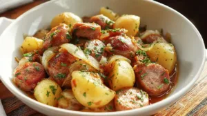 Bowl of Dublin Coddle Irish sausage and potato stew with sliced pork sausages, tender potatoes, onions, and fresh parsley in a light broth.