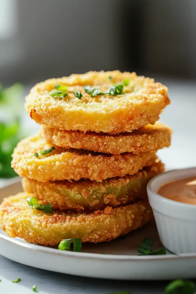 Stack of crispy fried green tomatoes with golden cornmeal crust and creamy dipping sauce on a white plate.