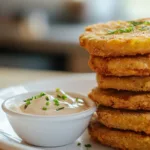 Easy Fried Green Tomatoes Recipe (Crispy, Budget-Friendly Classic) Crispy fried green tomatoes stacked on a white plate with golden cornmeal crust and creamy dipping sauce on the side.