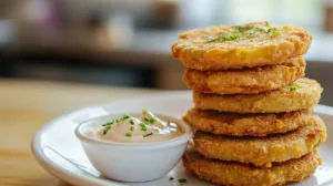 Crispy fried green tomatoes stacked on a white plate with golden cornmeal crust and creamy dipping sauce on the side.