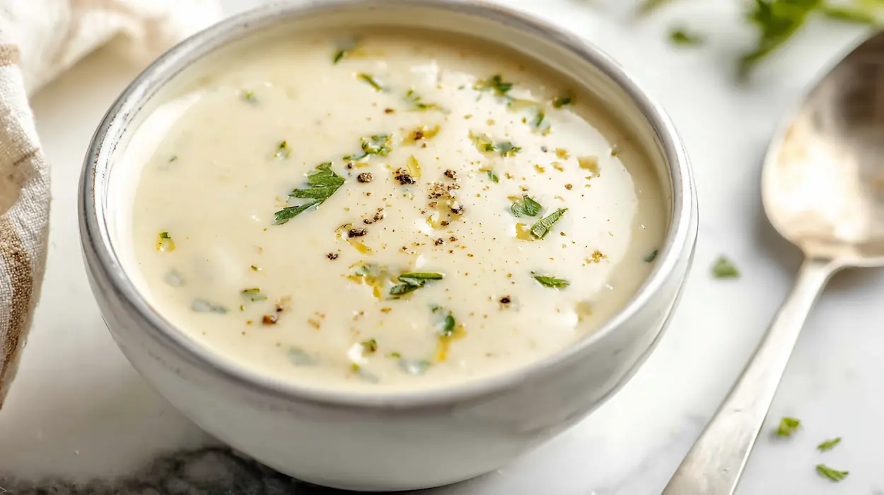 Creamy garlic parmesan sauce in a white bowl topped with parsley and black pepper on a light marble countertop.