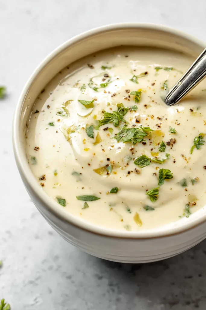 Creamy garlic parmesan sauce in a white bowl topped with parsley and black pepper on a light marble surface