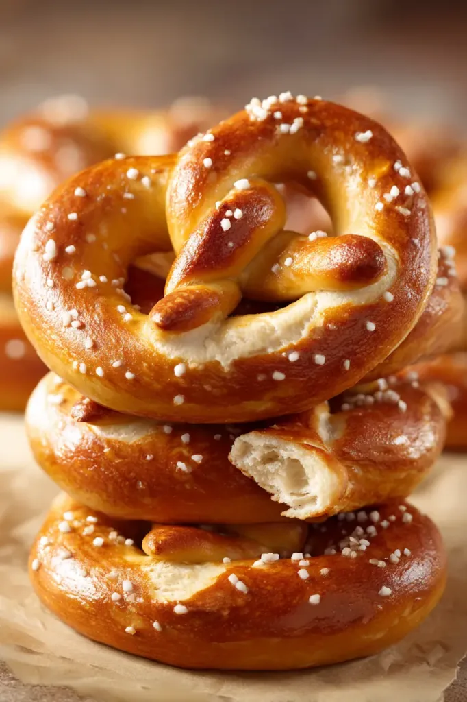 Easy Homemade Soft Pretzels Without Lye (Bakery-Style & Beginner Friendly) 2 Golden easy homemade soft pretzels without lye on a white plate with coarse salt and soft interior texture visible