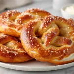 Easy Homemade Soft Pretzels Without Lye (Bakery-Style & Beginner Friendly) Golden easy homemade soft pretzels without lye on a white plate with coarse salt and soft fluffy interior visible
