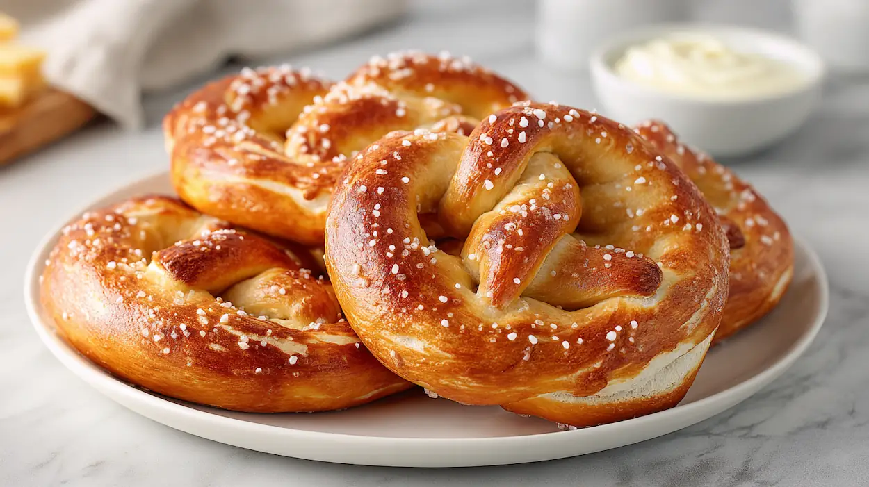 Golden easy homemade soft pretzels without lye on a white plate with coarse salt and soft fluffy interior visible